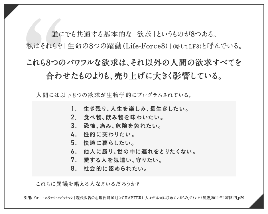 誰にでも共通する基本的な「欲求」というものが8つある。私はそれらを「生命の８つの躍動（Life-Force8）」（略してLF8）と呼んでいる。これら8つのパワフルな欲求は、それ以外の人間の欲求すべてを合わせたものよりも、売り上げに大きく影響している。人間には以下８つの欲求が生物学的にプログラムされている。[1．生き残り、人生を楽しみ、長生きしたい。
2．食べ物、飲み物を味わいたい。3.恐怖、痛み、危険を免れたい。4.性的に交わりたい。5.快適に暮らしたい。6.他人に勝り、世の中に遅れをとりたくない。7.愛する人を気遣い、守りたい。8.社会的に認められたい。]これらに異議を唱える人などいるだろうか？引用： ドル―・エリック・ホイットマン「現代広告の心理技術101」＞CHAPTER1 人々が本当に求めているもの,ダイレクト出版,2011年12月21日,p29