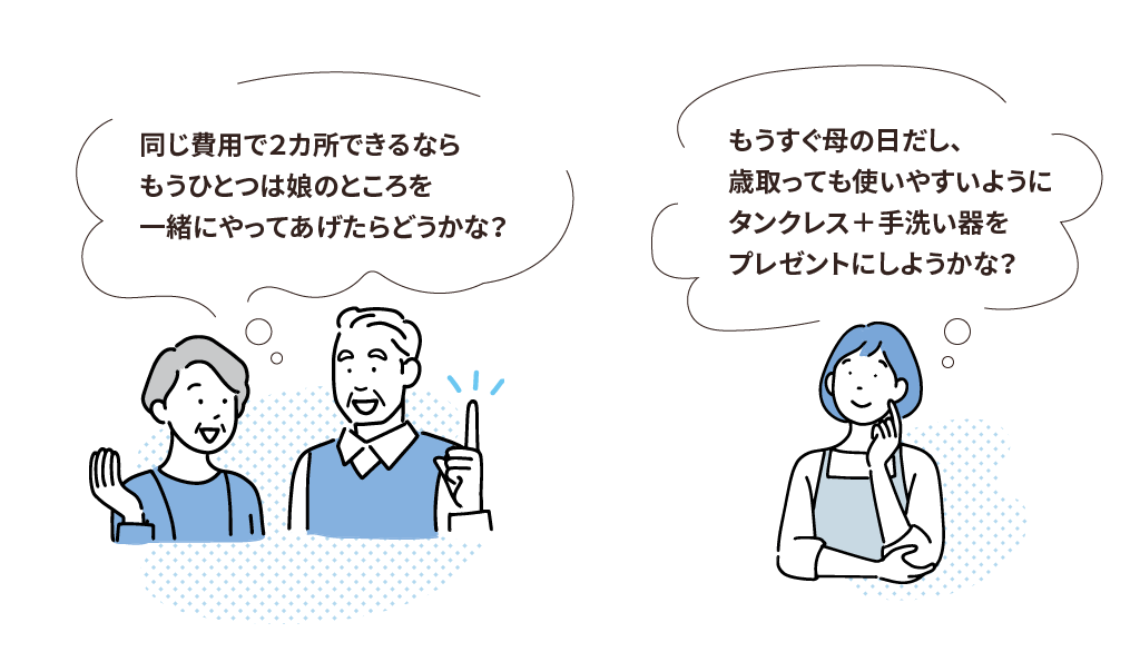 プレゼントできるように「想像してもらう工夫が大切→（例）イラストを添える。①（親が娘へ）同じ費用で2カ所できるなら、もうひとつは娘のところを一緒にやってあげたらどうかな？②（娘が母へ）もうすぐ母の日だし、歳取っても使いやすいようにタンクレス＋手洗い器をプレゼントしようかな？